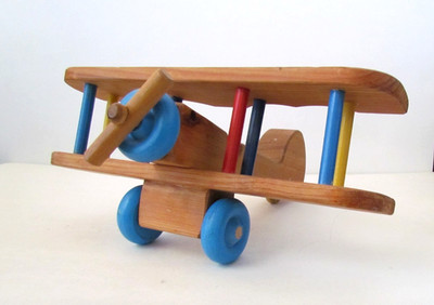 Vintage Handmade Bi-plane, Wooden Model Aeroplane. Movable Wheels & Propeller