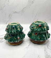 Vintage CHRISTMAS Tree Candlestick Holder Pair hand painted in Italy