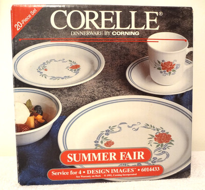NOS Corelle 20 PC DINNERWARE SET Summer Fair CORNING Plates Bowls Mugs OPEN BOX
