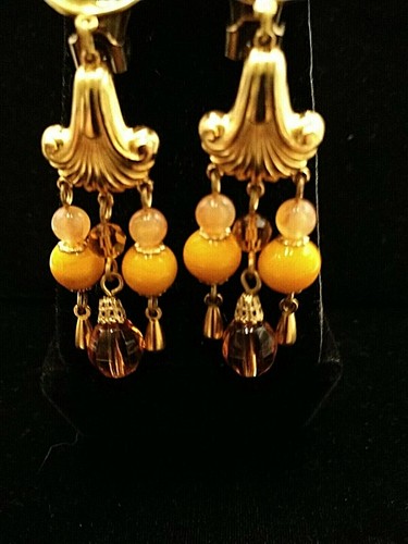 PENDIENTES DE ARAÑA GOLDTONE VIDRIO ROSA MELOCOTÓN CUENTAS CLIPON DE COLECCIÓN - Imagen 3 de 8