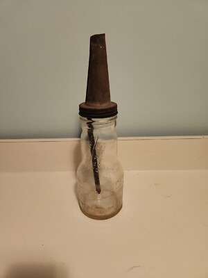 Antique Vintage Set Of 8 Glass Motor Oil Bottles With Tin Tops, In