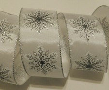 By the Yard White Satin Silver Glitter Snowflakes Wired Ribbon Christmas Holiday