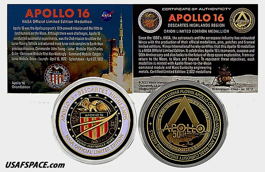 APOLLO-16 -Limited Edition- 50th Anniversary - LUNAR FLOWN METAL NASA MEDALLION | eBay