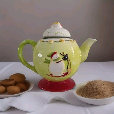 Debbie Mumm Snowman Teapot Christmas 2008 Green Red White
