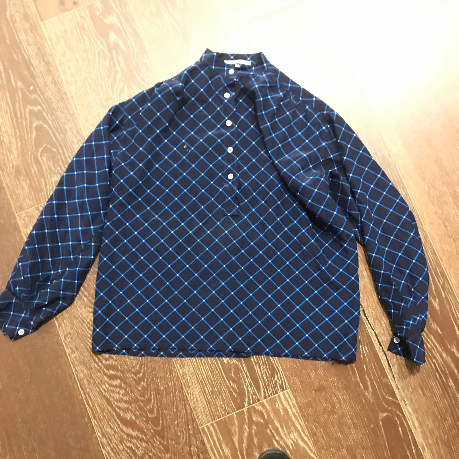 Camicetta vintage Saint Laurent Rive Gauche blu a righe a quadri griglia taglia 34