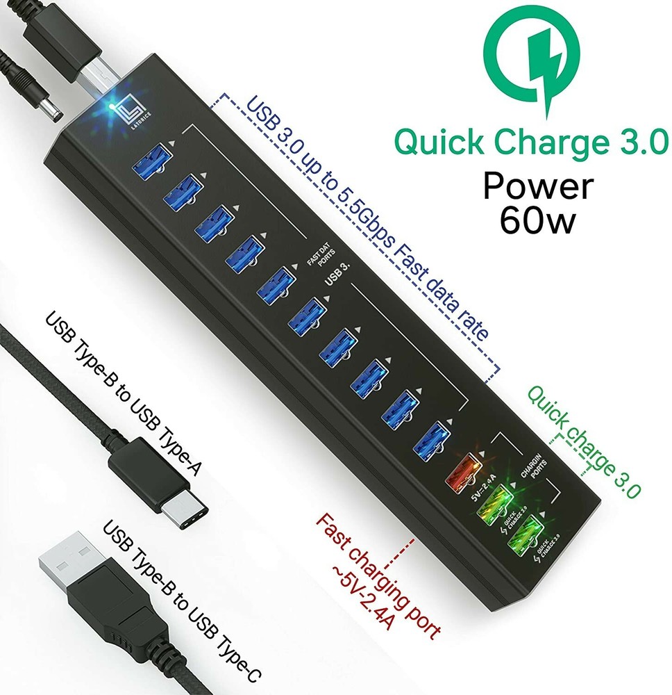 13-in-1 Powered USB Hub with 10 USB 3.0 Ports & 2 Quick Charge