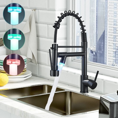 Commercial Matte Black LED Kitchen Sink Faucet with Pull Down Sprayer Mixer Tap