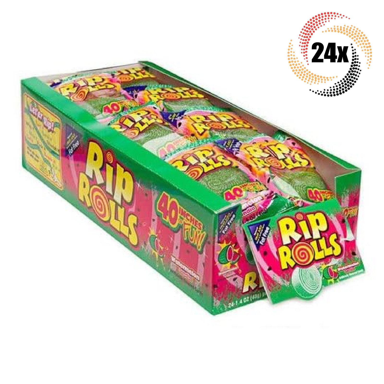Полная коробка 24-кратных упаковочных роллов с арбузными обезжиренными конфетами | 40 дюймов удовольствия | 1,4 унции