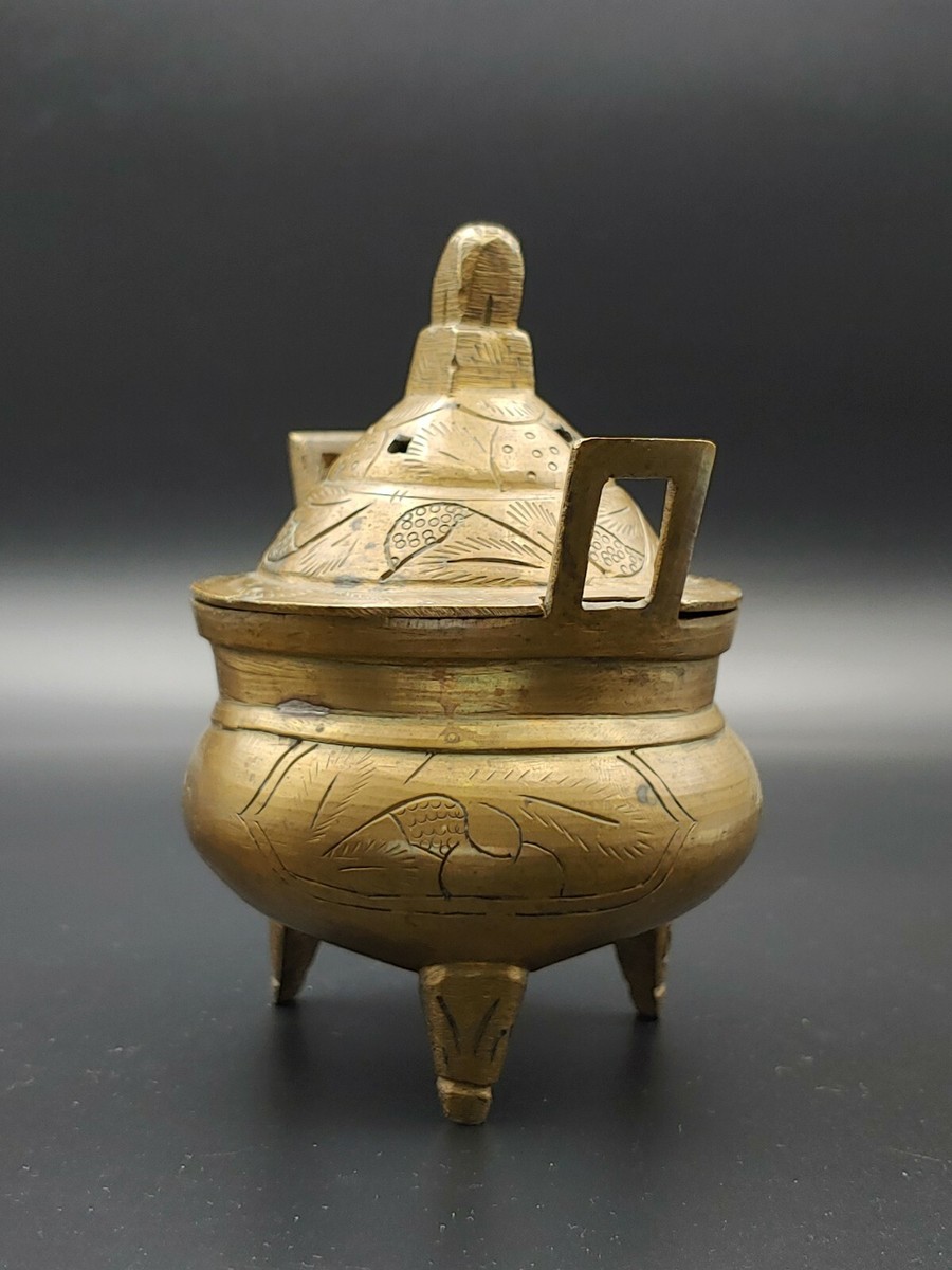 清代大明宣德款鼎式冲天耳铜香炉琴炉19th C Chinese Brass Xuande Mark