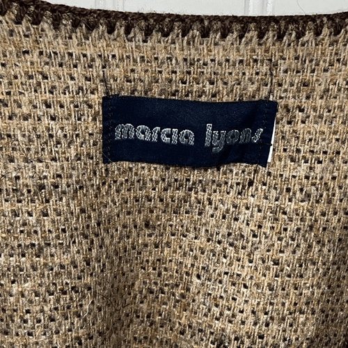 Vintage Marcia Lyons Woven Poncho Wrap Cape Brown Strip Wool Embroidered Edge - Picture 3 of 7