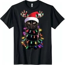 Black Cat Christmas Lights Santa Hat Reindeer Antlers T Shirt