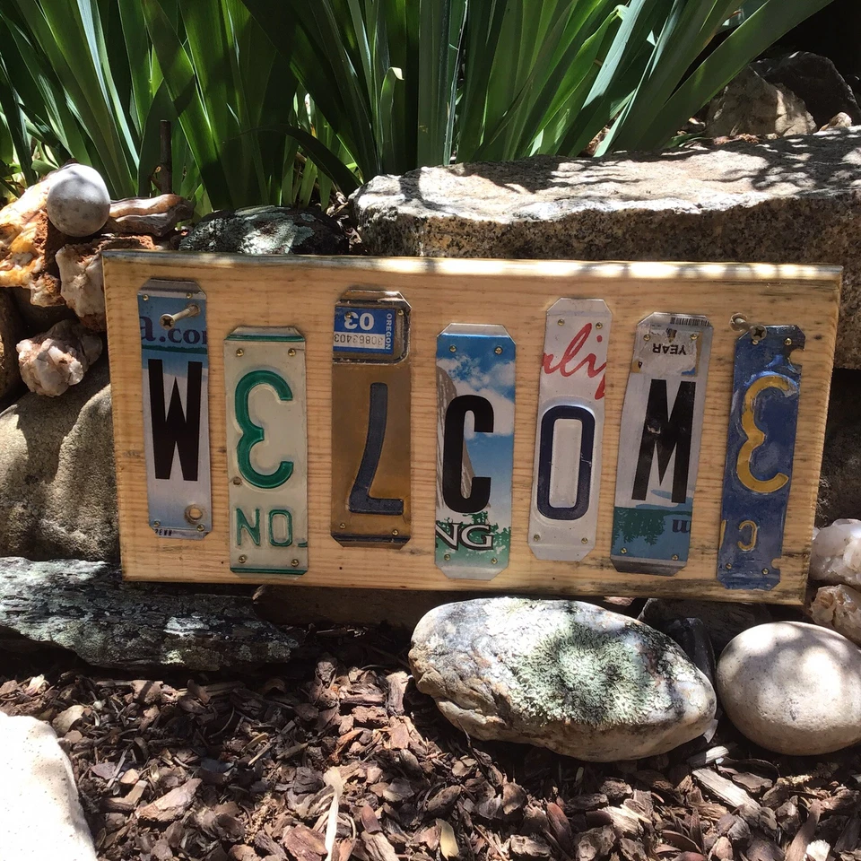 Handmade Salvage Bluestain Pine / Used License Plate Welcome Sign / Wall Art - Image 2 of 4