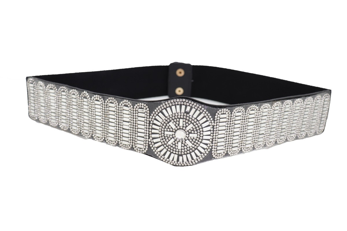 Women Black Elastic Band Holiday Party Fashion Belt Bling 