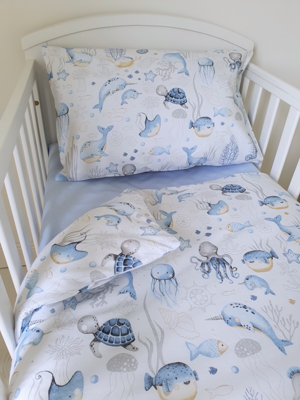 COPRIPIUMINO LENZUOLA LETTINO, federa COTONE BLU GRIGIO, SOTTO MARE