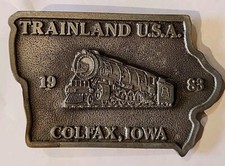 WD07156 VINTAGE 1983  TRAINLAND U.S.A. COLFAX, IOWA  PEWTER BELT BUCKLE