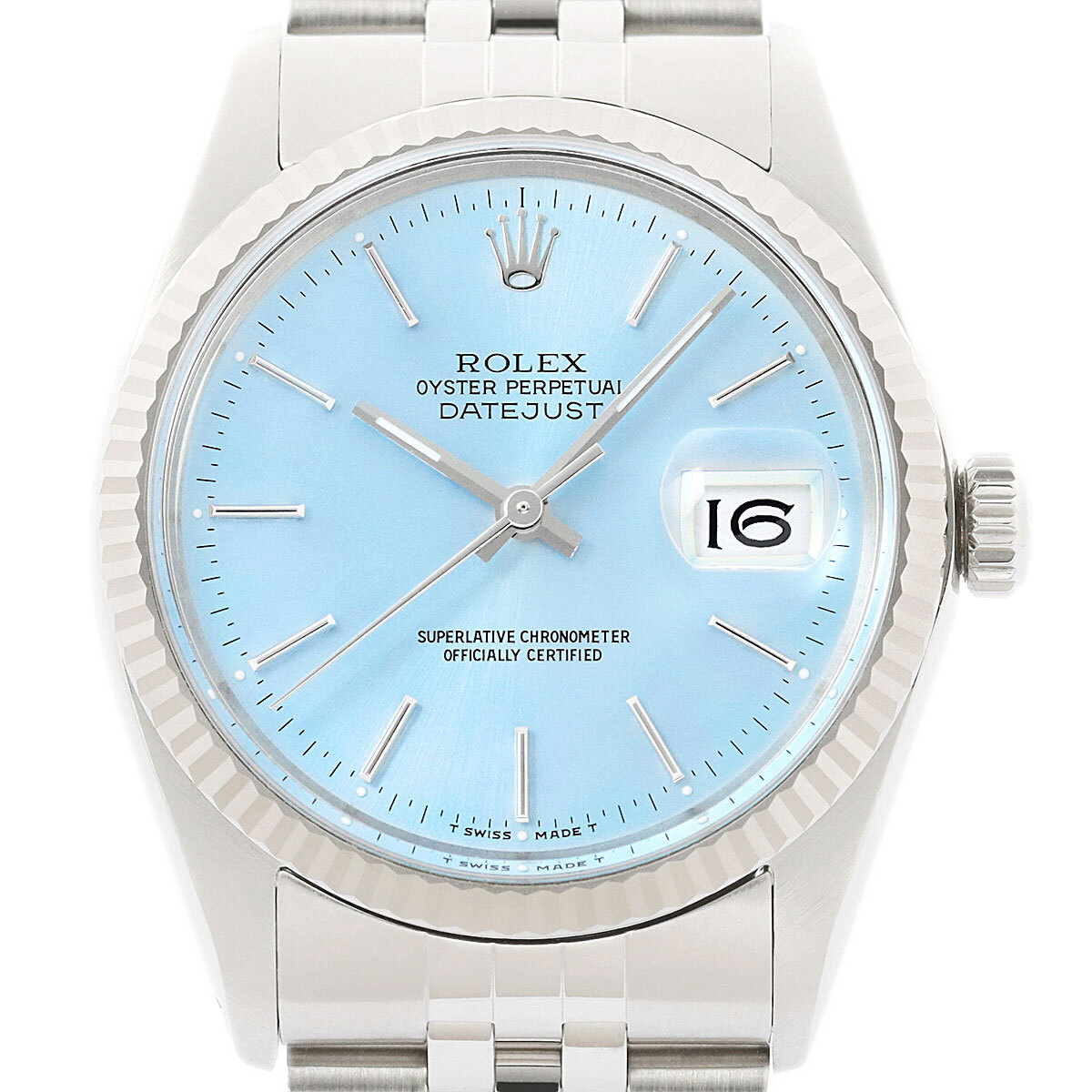 Rolex Mens Datejust 16014 18K White Gold Steel Ice Blue Dial Watch