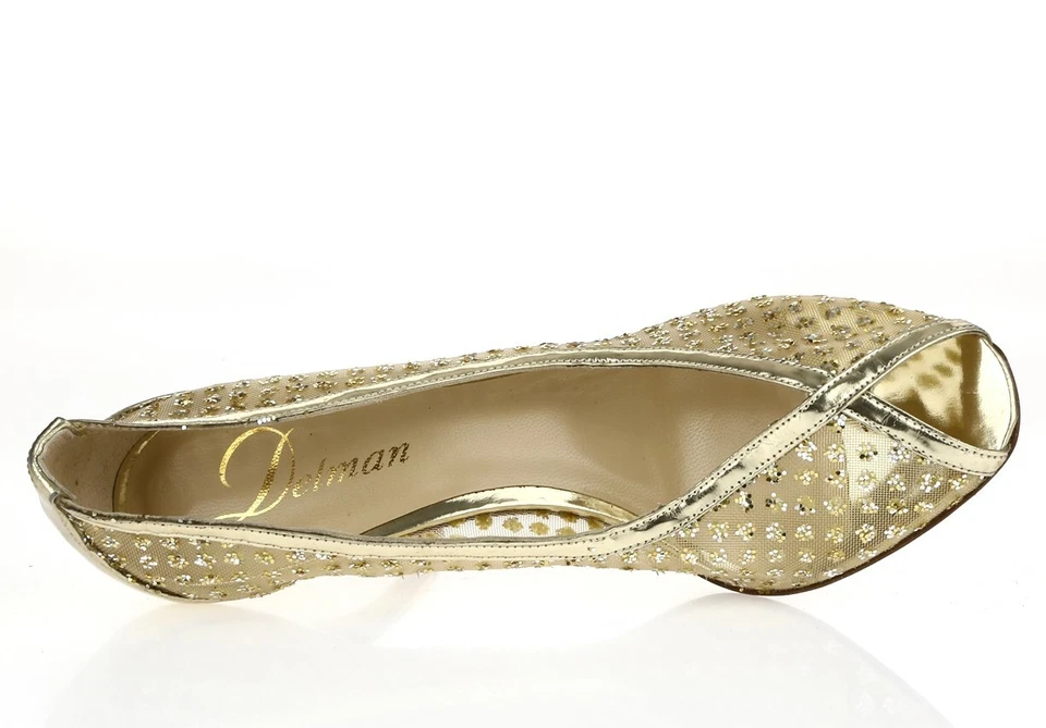 Delman Womens Glitter Gold Leather Mesh Peep Toe Pumps Heels Shoes Size 5.5 M - Image 3 of 4