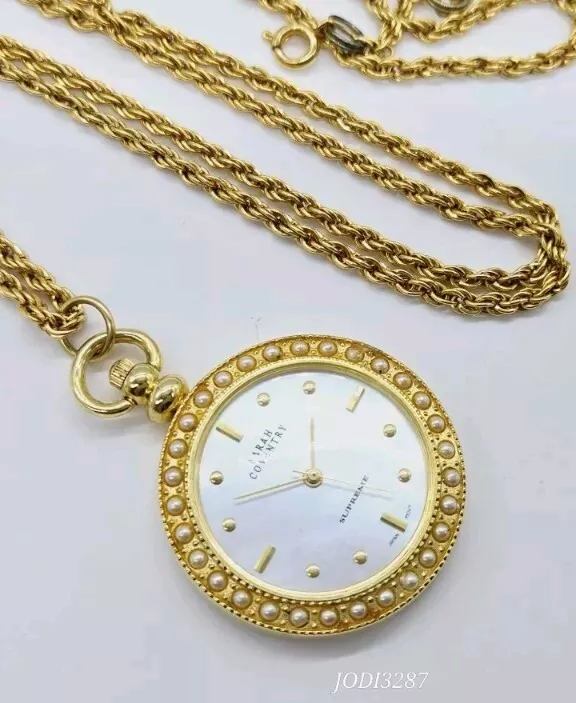 Collier montre vintage Sarah Coventry SUPREME ton or pile neuve #A