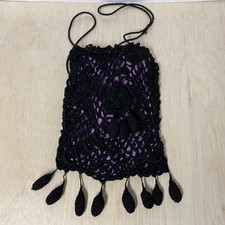 Antique Victorian Edwardian 1900s Crochet Lace Mourning Bag Purse Black Purple