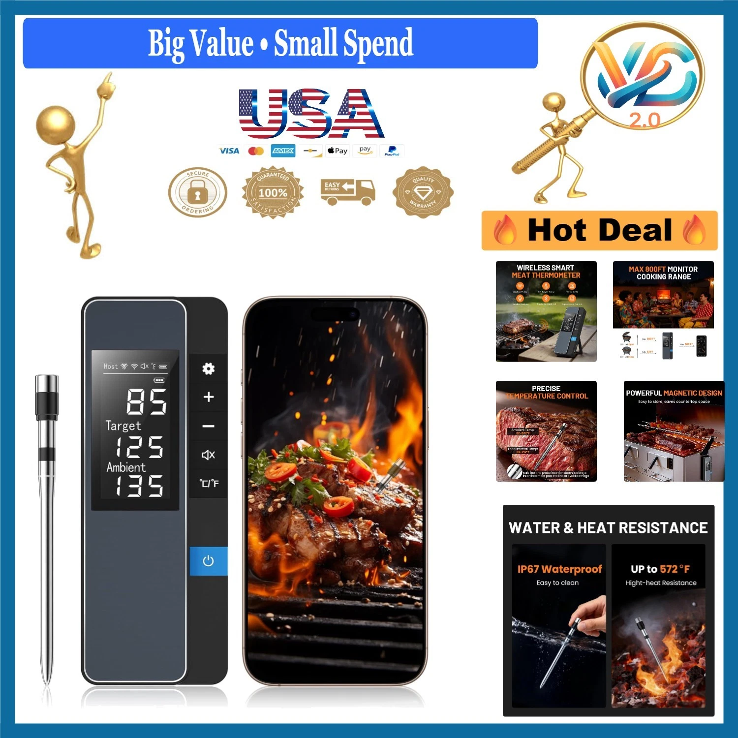 Smart Bluetooth Meat Thermometer Wireless Real-Time Grill Oven Waterproof