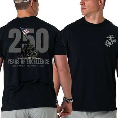 U.S. Marines T-Shirt, 250 Years of Excellence 2 Sides, Iwo Jima Flag Raising