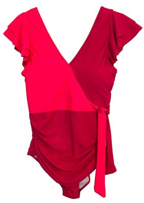 Blooming Jelly One Piece Swimsuit XL Two-Tone Berry Wrap/w Ruffle Sleeves Beach