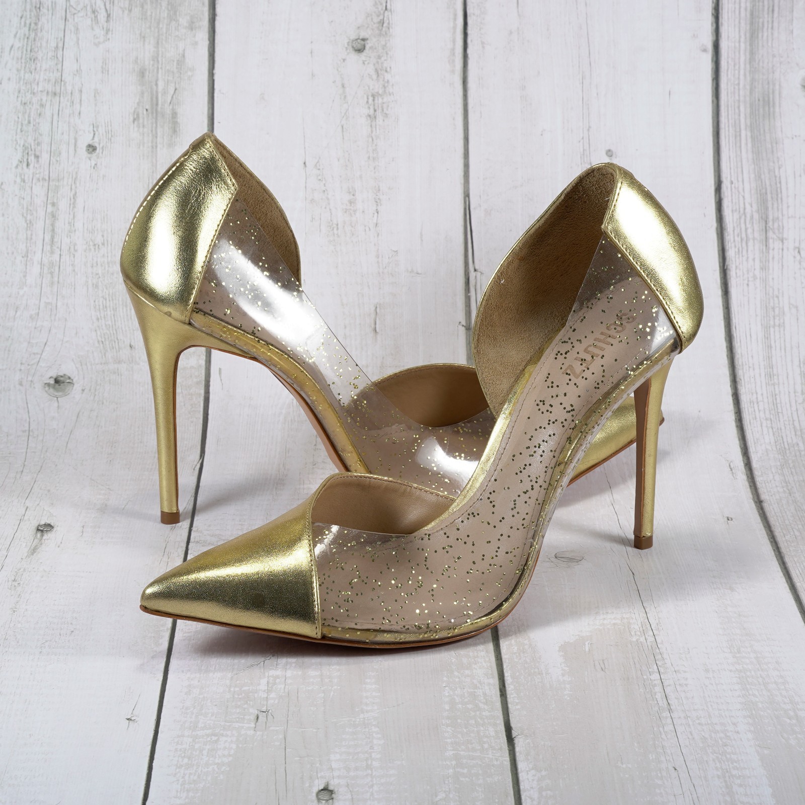 SCHUTZ Cheslie Cristal/Ouro Metallic Napa/Vinyl Pump Gold Size 10B
