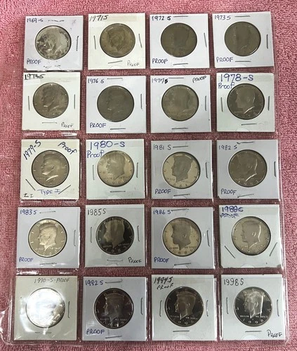 Group of John F Kennedy Half Dollars,  20 Proof coins: 1969 - 1998