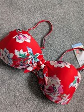 Joules Red Floral Print Bikini Top With Detachable Straps 14UK Cup D-DD