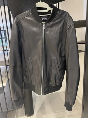 Costume National Black Leather Bomber Jacket - Image 1 of 3