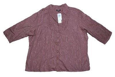 Krazy Kat Top Womens 2X Dark Red 3/4 Sleeve button front Metallic Threading NEW