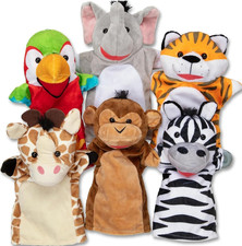 Melissa Doug Safari Buddies Hand Puppets, Set of 6 Elephant, Tiger, Parrot, G