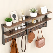 2 Tier Coat Rack Wall Mount with Shelf 33"Wall Hooks Entryway Key Holder for