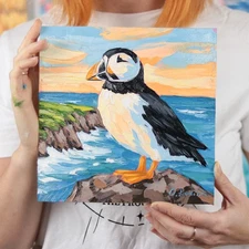 Puffin Original Oil Painting Coastal Bird Artwork Impasto Art Handmade Decor