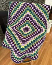 Crochet Granny Blanket Afghan Wrap Baby Worsted Purple Green Unisex 35" SQUARE