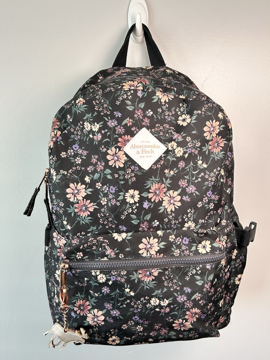 Abercrombie Fitch Floral Backpack Moose Bag Charm Black Pink 17” Laptop  Bag