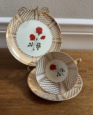 VINTAGE WINTERLING ROSLAU BAVARIA TRIO TEA CUP SAUCER & DESSERT PLATE GOLD/ROSES