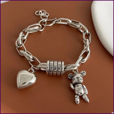Women Vintage Heart Bracelet 925 Sterling Silver Handmade Love Charm Jewelry