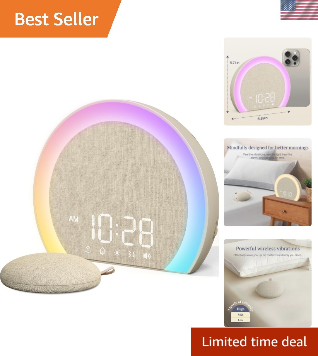 Extra Loud Alarm Clock with Wireless Bed Shaker, Vibrating Dual Alarm with Li
