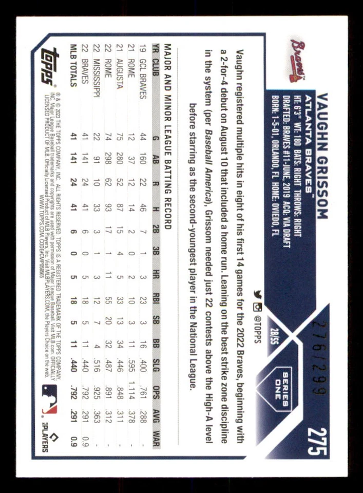 2023 Topps Orange Foil #275 Vaughn Grissom /299 - Image 2 of 2