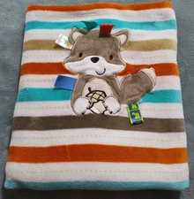 Taggies Aqua Tan Orange Stripes Fox Squirrel Acorn Baby Blanket Ribbon Tags Flaw
