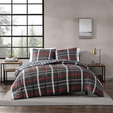 Queen Comforter Set, Reversible Plaid Bedding w Matching Shams,Willow Plaid Grey