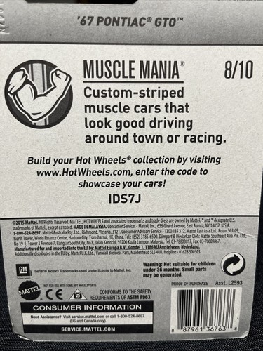 2017 Hot Wheels #359 Muscle Mania 8/10 '67 PONTIAC GTO Yellow w/Gold MC5 Spokes - Picture 2 of 2