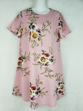 Shein Tee Shirt Boho Pink Floral Casual Dress Short Sleeve Keyhole back Sz S EUC