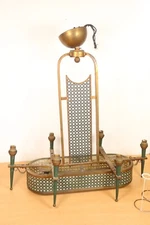 Antique Art Deco Brass Chandelier Green Metal x6 Fitting Ceiling Light 26x13"