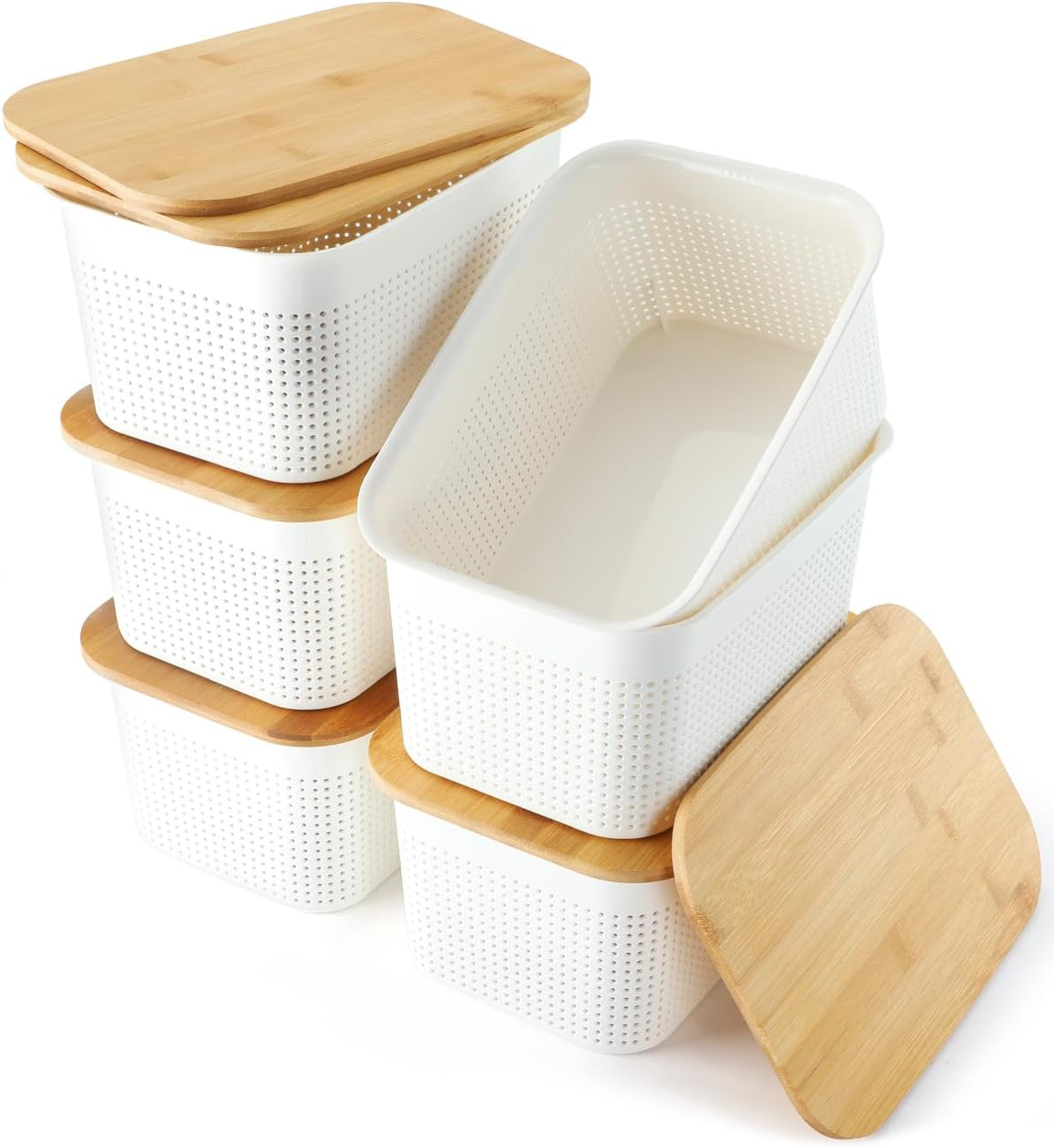 6-Pack Plastic Storage Bins with Bamboo Lids - Stackable Organizers-image