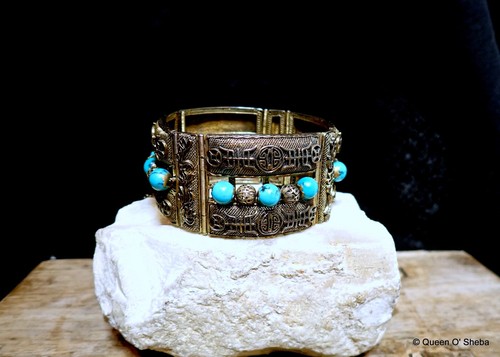 Bracelet Chinese Filigree Turquoise Siver Gilded Vintage Characters Hallmark - Picture 8 of 17
