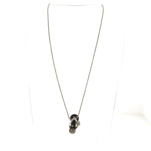 Flip Flop Sandal Necklace Beaded Chain Dark Green Enamel Floral Crystal 15" - Picture 2 of 5