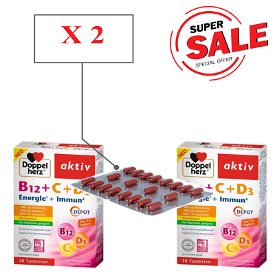 Doppel Herz Aktiv B12 + C + D3 Depot Maintain Energy Reduce Fatigue 2 x 30 Table
