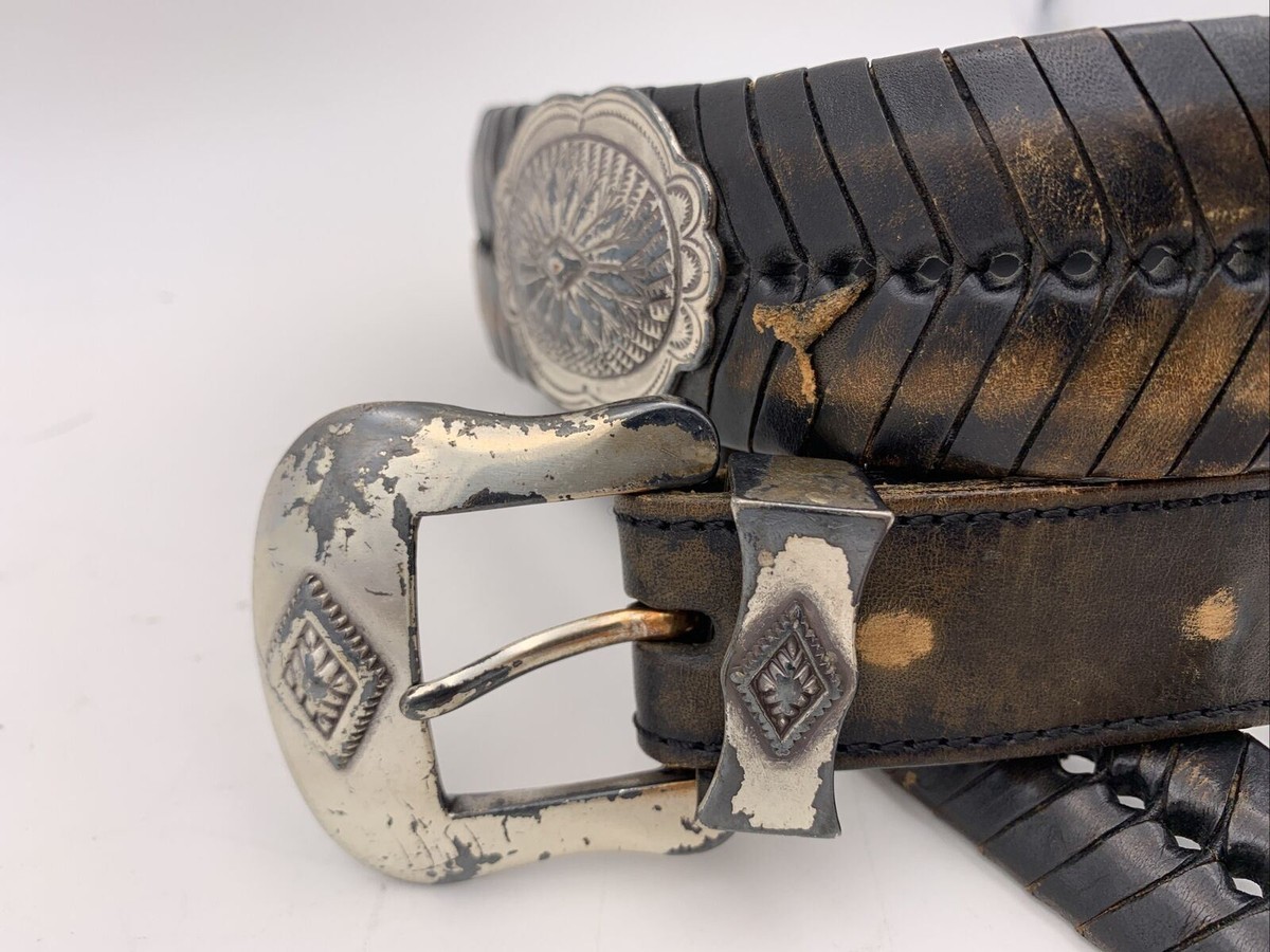 ?LAST ONE?Woven Brown Leather Belt with Silver Concho Bison Leather Concho Belt | Stetson main image 3